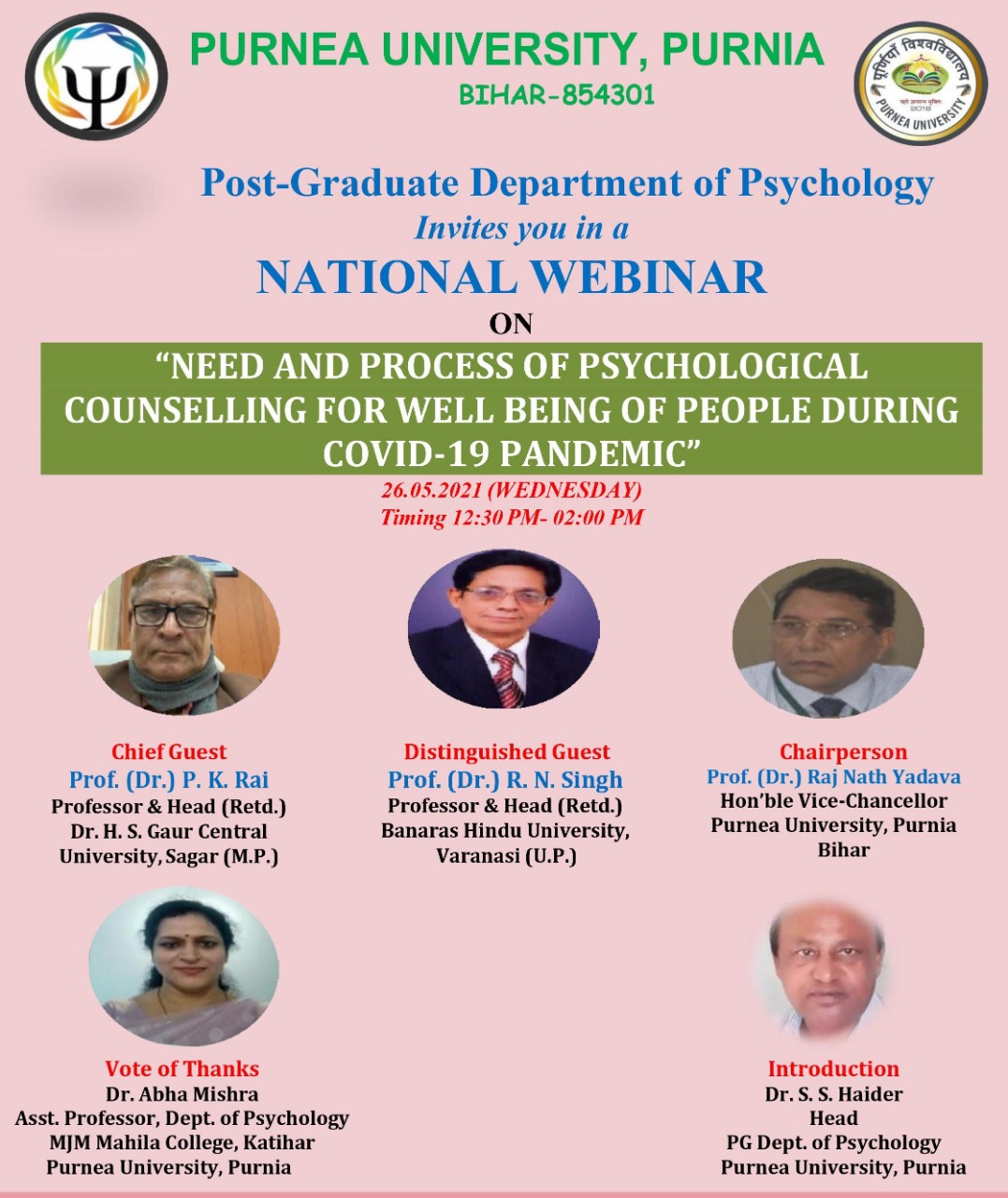 National Webinar on &quot;Need and Process of Psychological Counselling For Well Being of People During Covid-19 Pandemic&quot;